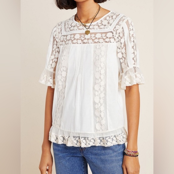 Anthropologie Tops - Maeve Anthropologie Ivory Lace Boho Blouse Romantic Cottagecore Feminine